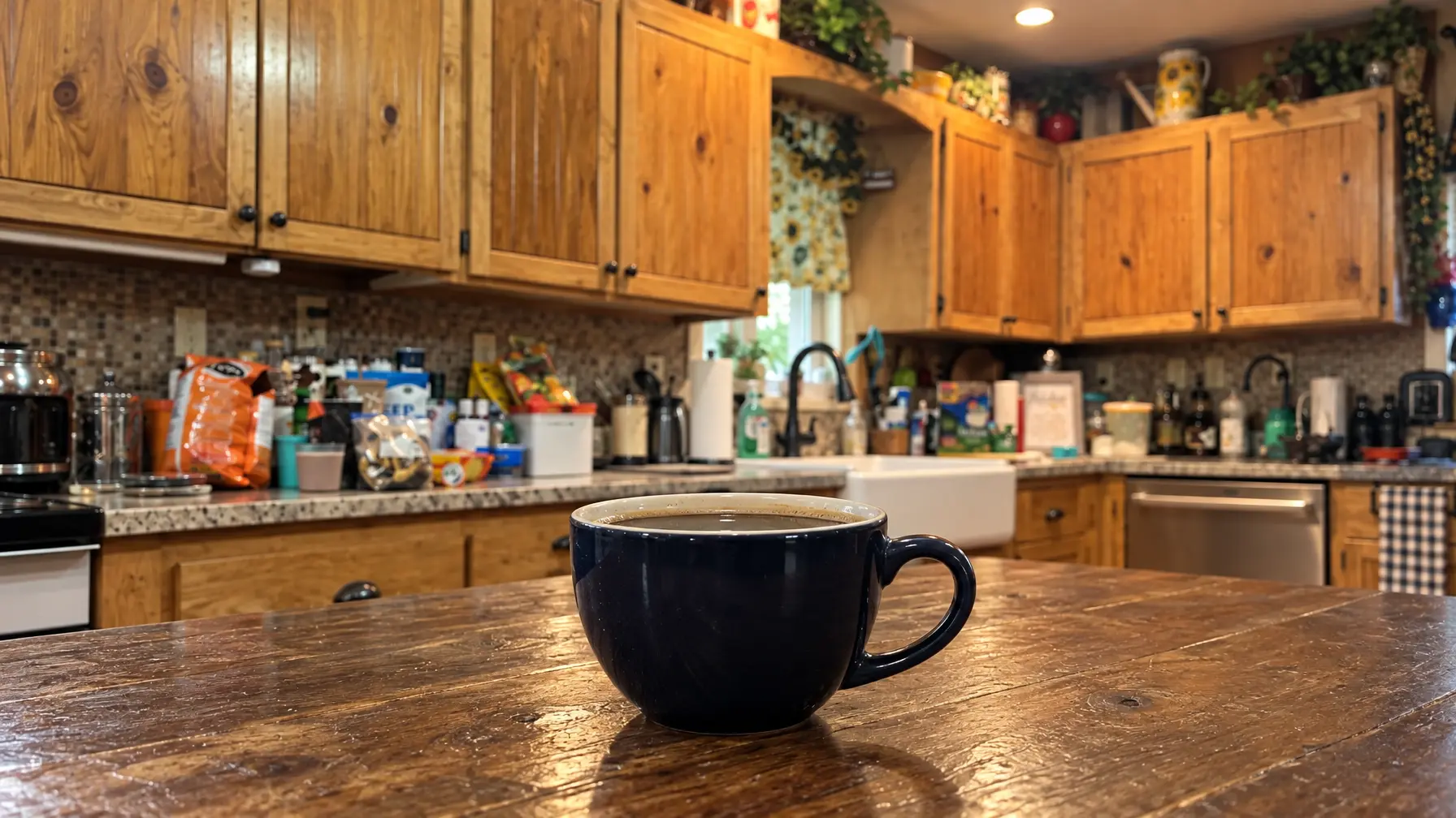 A mug of black coffee on the kitchen worktop while waiting for midday