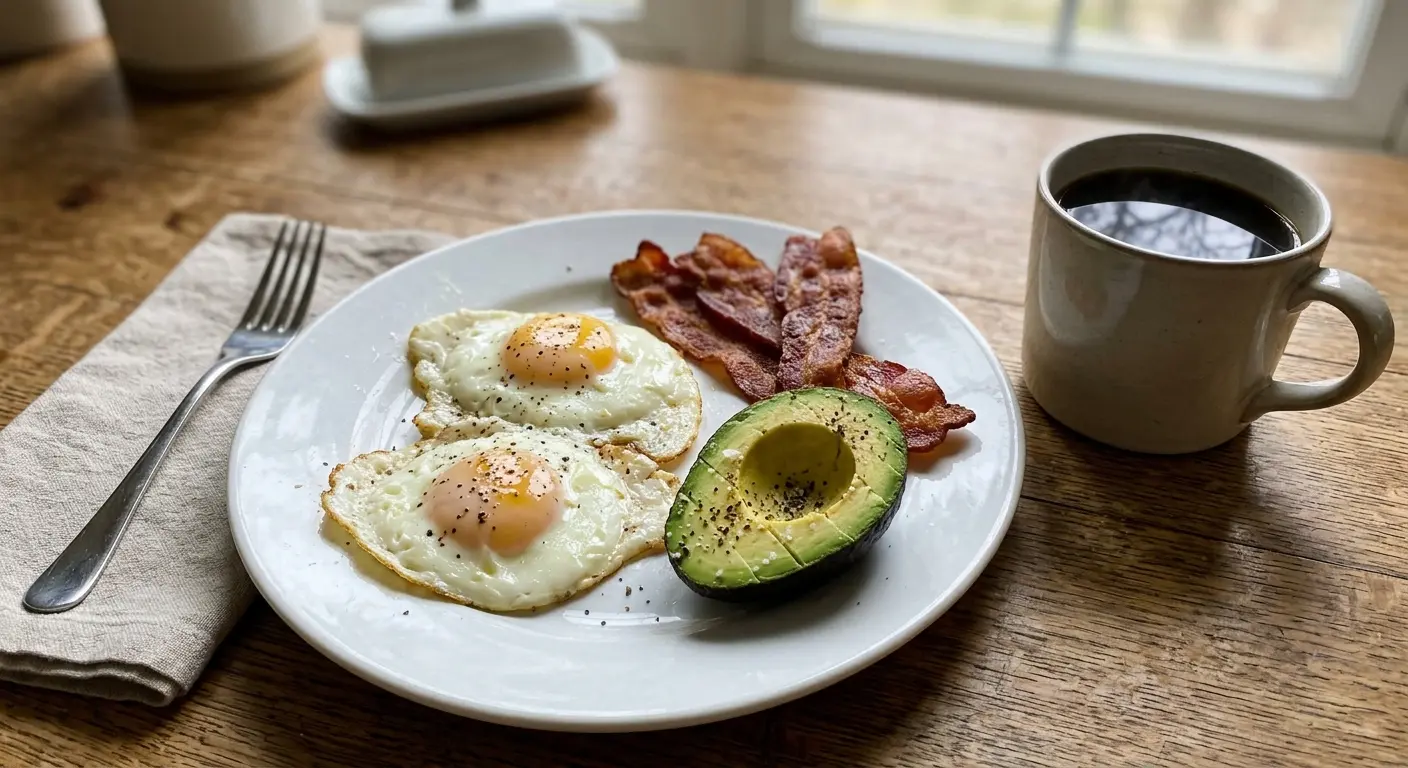 A low-carb breakfast of eggs, bacon and avocado during my keto attempt